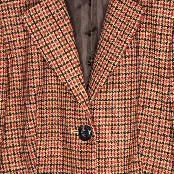 Talbots Houndtooth Brown Tan Red Plaid One Button 100% Wool Fall Jacket Blazer - Picture 7 of 14
